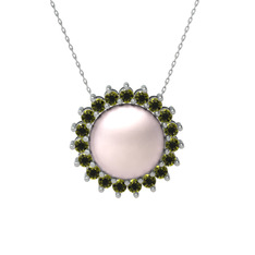 Pembe inci ve peridot 18 ayar beyaz altın kolye (40 cm gümüş rolo zincir)