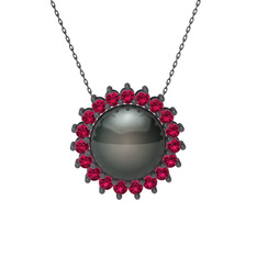 Gün Işığı İnci Kolye - Siyah inci ve rodolit garnet 925 ayar siyah rodyum kaplama gümüş kolye (40 cm gümüş rolo zincir) #xgcjae