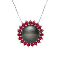 Siyah inci ve rodolit garnet 8 ayar rose altın kolye (40 cm beyaz altın rolo zincir)