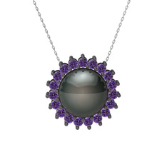 Siyah inci ve ametist 925 ayar siyah rodyum kaplama gümüş kolye (40 cm beyaz altın rolo zincir)