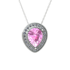 Pembe kuvars ve beyaz zirkon 14 ayar beyaz altın kolye (40 cm beyaz altın rolo zincir)