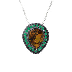 Esinti Kolye - Dumanlı kuvars ve kök zümrüt 925 ayar siyah rodyum kaplama gümüş kolye (40 cm beyaz altın rolo zincir) #11cl4jm