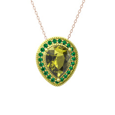 Peridot ve yeşil kuvars 18 ayar altın kolye (40 cm rose altın rolo zincir)