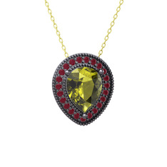 Esinti Kolye - Peridot ve kök yakut 925 ayar siyah rodyum kaplama gümüş kolye (40 cm altın rolo zincir) #127a2ea