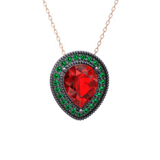 Esinti Kolye - Garnet ve yeşil kuvars 925 ayar siyah rodyum kaplama gümüş kolye (40 cm rose altın rolo zincir) #128lgqz