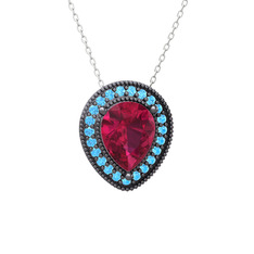 Esinti Kolye - Rodolit garnet ve akuamarin 925 ayar siyah rodyum kaplama gümüş kolye (40 cm beyaz altın rolo zincir) #1295b40