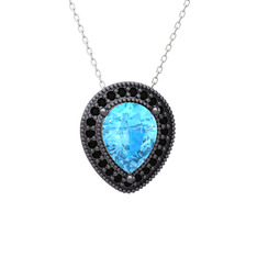 Esinti Kolye - Akuamarin ve siyah zirkon 925 ayar siyah rodyum kaplama gümüş kolye (40 cm beyaz altın rolo zincir) #136rafm