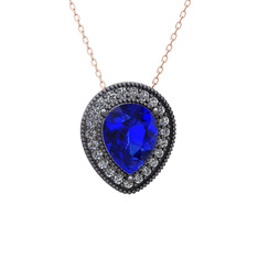 Esinti Kolye - Lab safir ve swarovski 925 ayar siyah rodyum kaplama gümüş kolye (40 cm rose altın rolo zincir) #14s4zpi