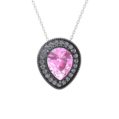 Pembe kuvars ve swarovski 925 ayar siyah rodyum kaplama gümüş kolye (40 cm beyaz altın rolo zincir)