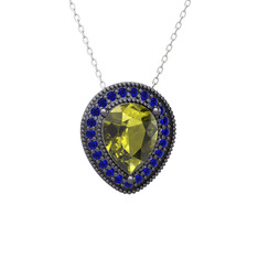 Esinti Kolye - Peridot ve lab safir 925 ayar siyah rodyum kaplama gümüş kolye (40 cm beyaz altın rolo zincir) #1560661