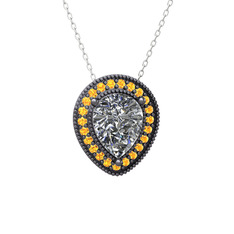 Swarovski ve sitrin 925 ayar siyah rodyum kaplama gümüş kolye (40 cm gümüş rolo zincir)