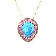 Akuamarin ve pembe kuvars 925 ayar rose altın kaplama gümüş kolye (40 cm gümüş rolo zincir)