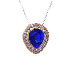 Lab safir ve pırlanta 14 ayar rose altın kolye (0.264 karat, 40 cm gümüş rolo zincir)