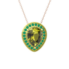 Peridot ve kök zümrüt 14 ayar altın kolye (40 cm gümüş rolo zincir)