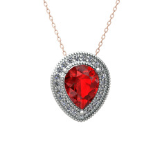 Garnet ve beyaz zirkon 8 ayar beyaz altın kolye (40 cm rose altın rolo zincir)