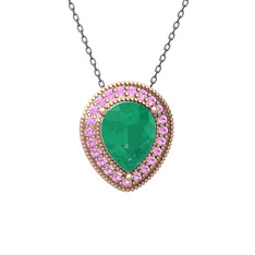 Kök zümrüt ve pembe kuvars 14 ayar rose altın kolye (40 cm gümüş rolo zincir)