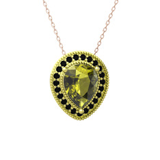 Peridot ve siyah zirkon 14 ayar altın kolye (40 cm rose altın rolo zincir)