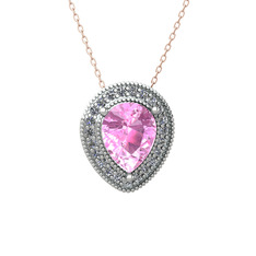 Pembe kuvars ve swarovski 8 ayar beyaz altın kolye (40 cm rose altın rolo zincir)