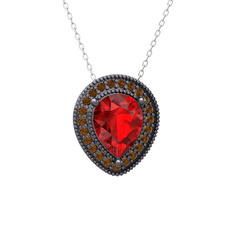 Esinti Kolye - Garnet ve dumanlı kuvars 925 ayar siyah rodyum kaplama gümüş kolye (40 cm beyaz altın rolo zincir) #1co1h51