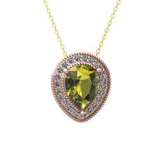 Peridot ve pırlanta 14 ayar rose altın kolye (0.264 karat, 40 cm altın rolo zincir)