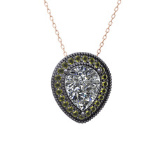 Swarovski ve peridot 925 ayar siyah rodyum kaplama gümüş kolye (40 cm rose altın rolo zincir)