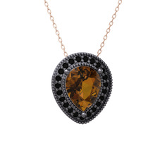 Esinti Kolye - Dumanlı kuvars ve siyah zirkon 925 ayar siyah rodyum kaplama gümüş kolye (40 cm rose altın rolo zincir) #1f8pjet