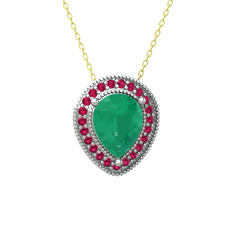 Kök zümrüt ve rodolit garnet 8 ayar beyaz altın kolye (40 cm altın rolo zincir)