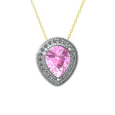 Pembe kuvars ve swarovski 18 ayar beyaz altın kolye (40 cm altın rolo zincir)