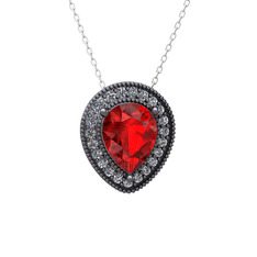 Esinti Kolye - Garnet ve swarovski 925 ayar siyah rodyum kaplama gümüş kolye (40 cm gümüş rolo zincir) #1liojhn