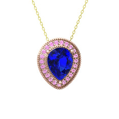 Lab safir ve pembe kuvars 14 ayar rose altın kolye (40 cm altın rolo zincir)