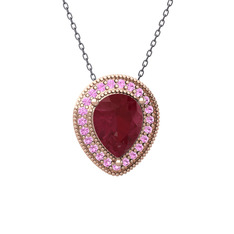 Kök yakut ve pembe kuvars 14 ayar rose altın kolye (40 cm gümüş rolo zincir)