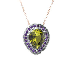 Esinti Kolye - Peridot ve ametist 8 ayar beyaz altın kolye (40 cm rose altın rolo zincir) #1pg537m