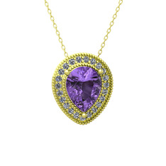 Ametist ve swarovski 18 ayar altın kolye (40 cm gümüş rolo zincir)