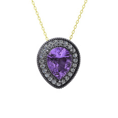 Ametist ve swarovski 925 ayar siyah rodyum kaplama gümüş kolye (40 cm altın rolo zincir)