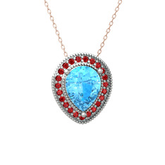 Esinti Kolye - Akuamarin ve garnet 14 ayar beyaz altın kolye (40 cm rose altın rolo zincir) #1qhopsh