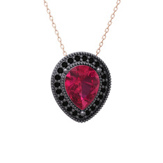 Rodolit garnet ve siyah zirkon 925 ayar siyah rodyum kaplama gümüş kolye (40 cm rose altın rolo zincir)