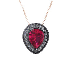 Esinti Kolye - Rodolit garnet ve beyaz zirkon 925 ayar siyah rodyum kaplama gümüş kolye (40 cm rose altın rolo zincir) #1rrtaqr