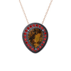 Esinti Kolye - Dumanlı kuvars ve garnet 925 ayar siyah rodyum kaplama gümüş kolye (40 cm rose altın rolo zincir) #1ryp465