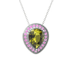Peridot ve pembe kuvars 14 ayar beyaz altın kolye (40 cm beyaz altın rolo zincir)