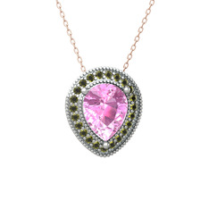 Esinti Kolye - Pembe kuvars ve peridot 14 ayar beyaz altın kolye (40 cm rose altın rolo zincir) #1tt1a5p