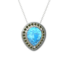 Akuamarin ve peridot 14 ayar beyaz altın kolye (40 cm gümüş rolo zincir)