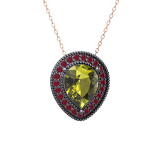 Esinti Kolye - Peridot ve kök yakut 925 ayar siyah rodyum kaplama gümüş kolye (40 cm rose altın rolo zincir) #1w4tecc