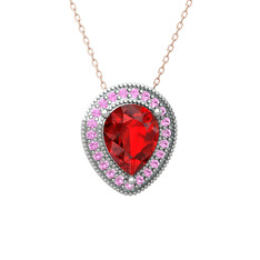 Esinti Kolye - Garnet ve pembe kuvars 8 ayar beyaz altın kolye (40 cm rose altın rolo zincir) #1wz9xx7