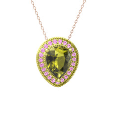 Peridot ve pembe kuvars 925 ayar altın kaplama gümüş kolye (40 cm rose altın rolo zincir)