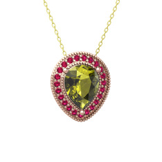 Peridot ve rodolit garnet 18 ayar rose altın kolye (40 cm altın rolo zincir)
