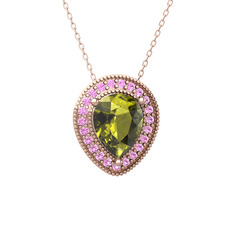 Peridot ve pembe kuvars 14 ayar rose altın kolye (40 cm rose altın rolo zincir)