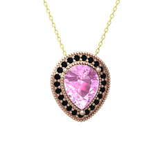 Pembe kuvars ve siyah zirkon 14 ayar rose altın kolye (40 cm gümüş rolo zincir)