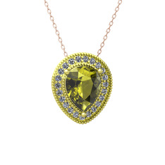 Peridot ve beyaz zirkon 8 ayar altın kolye (40 cm rose altın rolo zincir)