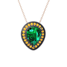 Esinti Kolye - Yeşil kuvars ve sitrin 925 ayar siyah rodyum kaplama gümüş kolye (40 cm rose altın rolo zincir) #4gxrcy