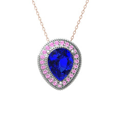Esinti Kolye - Lab safir ve pembe kuvars 18 ayar beyaz altın kolye (40 cm rose altın rolo zincir) #5469hu